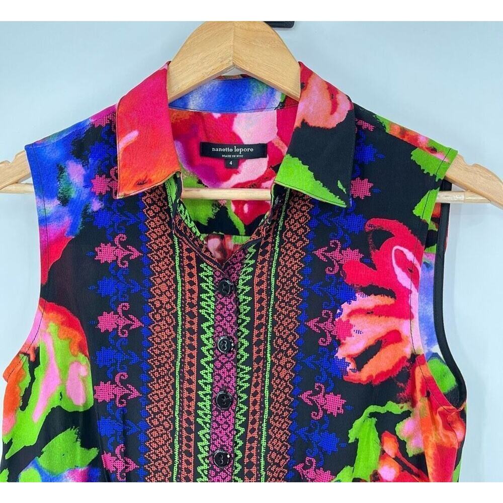 Nanette Lepore Blouse Button Front Abstract Floral Silk Multicolor Womens SP - Picture 3 of 8